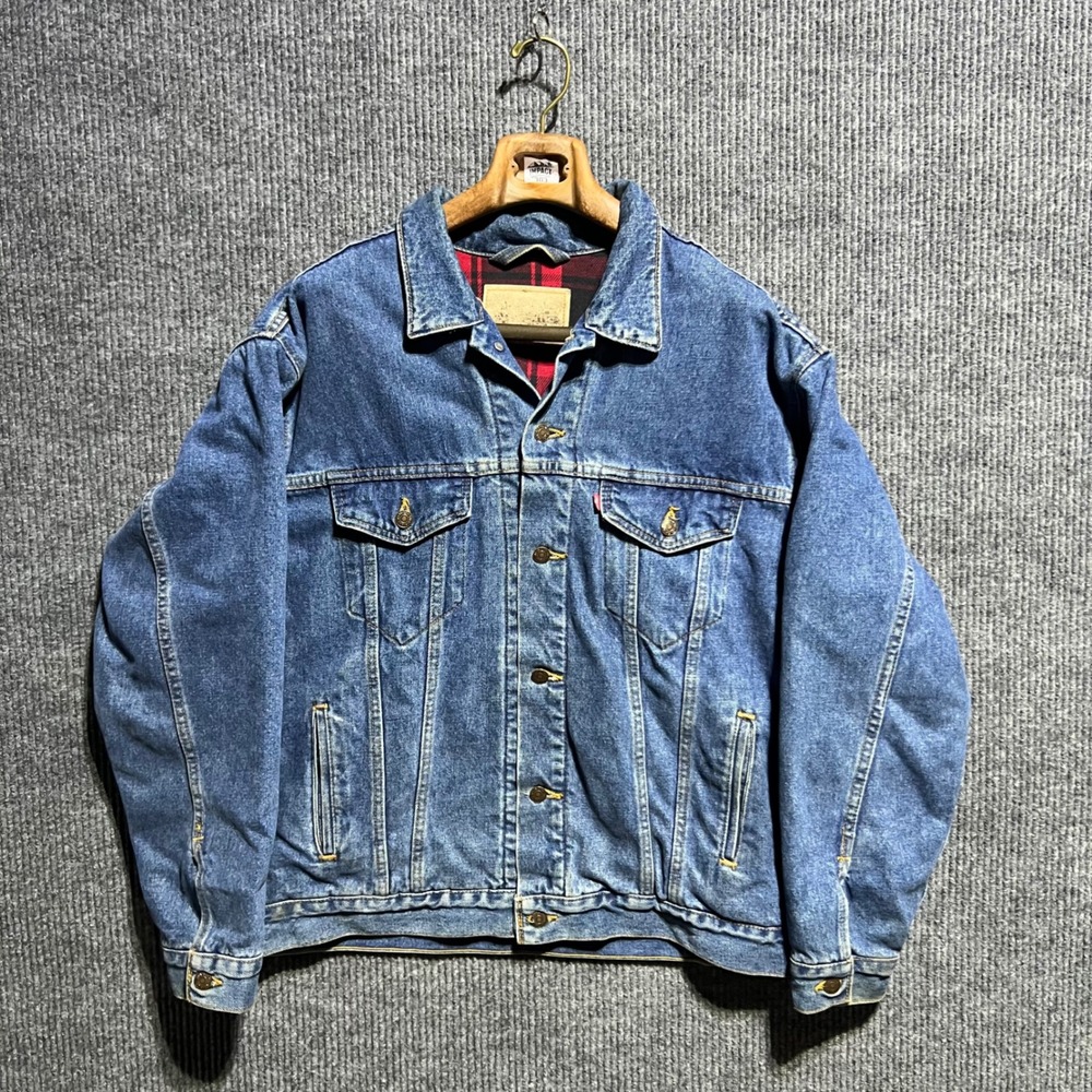 Vintage Levis Denim Trucker Jacket Mens XL Blue Plaid Lined 70427 Made In USA